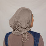 Model showing the Truffle Mink Ruching Lite hijab from the back to show the detail.