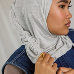Model wearing Marble Grey Ruching Lite, showing soft ruching and wrinkle-free drape.