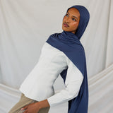 Model wearing Twilight Blue Jersey Lite styled neatly, showing lightweight and wrinkle-free drape.