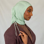 Stylized Sage Mist Ruching Lite hijab depicted on a model. 