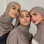 Three models wearing Truffle Mink Jersey Lite highlighting the versatility of the hijab color. 