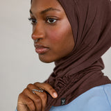 Model wearing Espresso Ruching Lite, highlighting rich brown hue and ruching texture.