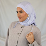 Model wearing Soft Amethyst Ruching Lite showing the soft material. 