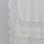 Close-up of a white sheer fabric with a wide lace border and a horizontal band of floral lace near the bottom, shown against a plain light gray background.