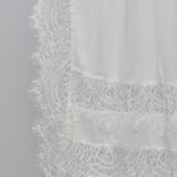 Close-up of a white sheer fabric with a wide lace border and a horizontal band of floral lace near the bottom, shown against a plain light gray background.