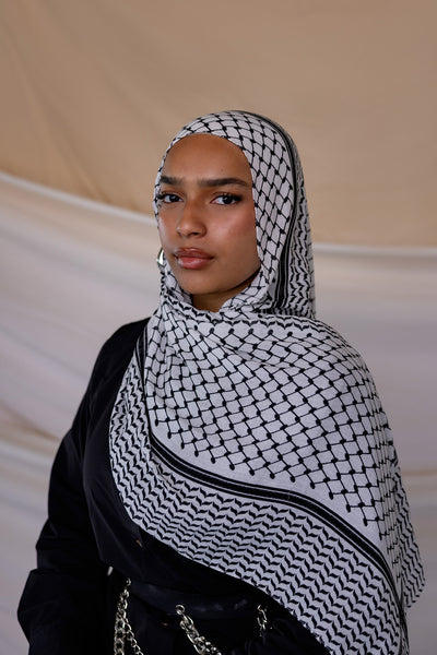 Modal hijab featuring the classic kuffiyeh pattern, designed for meaningful everyday wear.