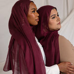 Models in angled poses wearing the Maroon hijab, showcasing different styling perspectives in coordinated outfits.