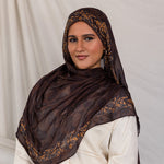 Front profile of model in Chocolate Paisley hijab, neutral background.