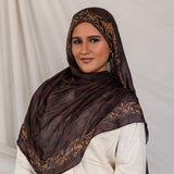 Front profile of model in Chocolate Paisley hijab, neutral background.