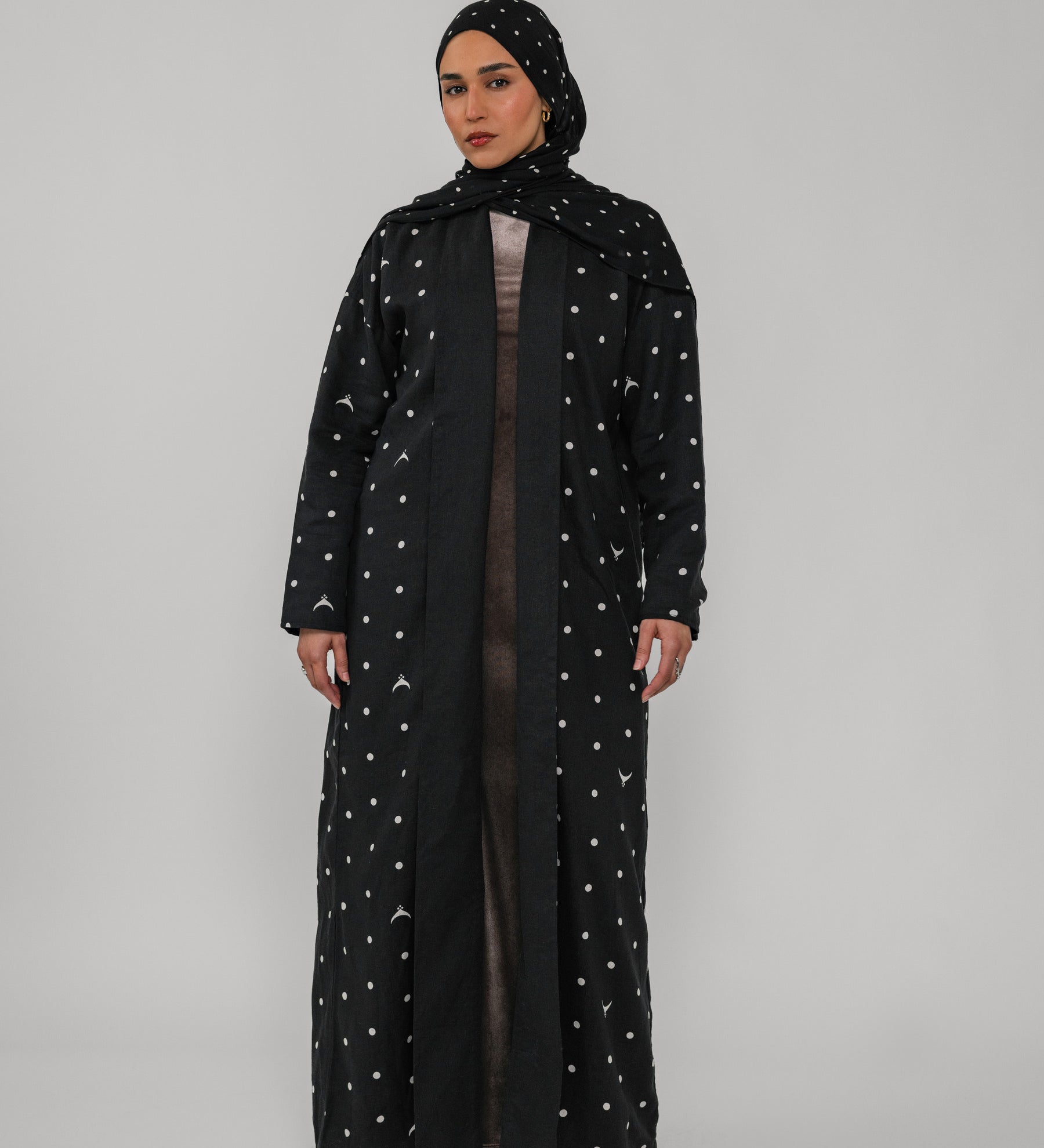 Person wearing a black abaya with white polka dots on a gray background