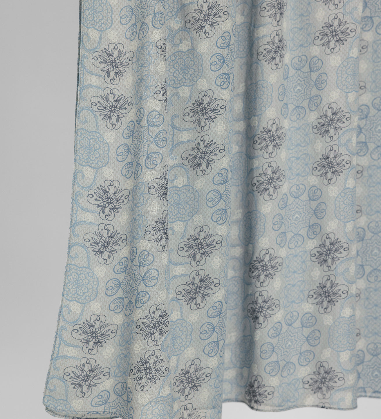 Light blue floral patterned fabric on a plain background