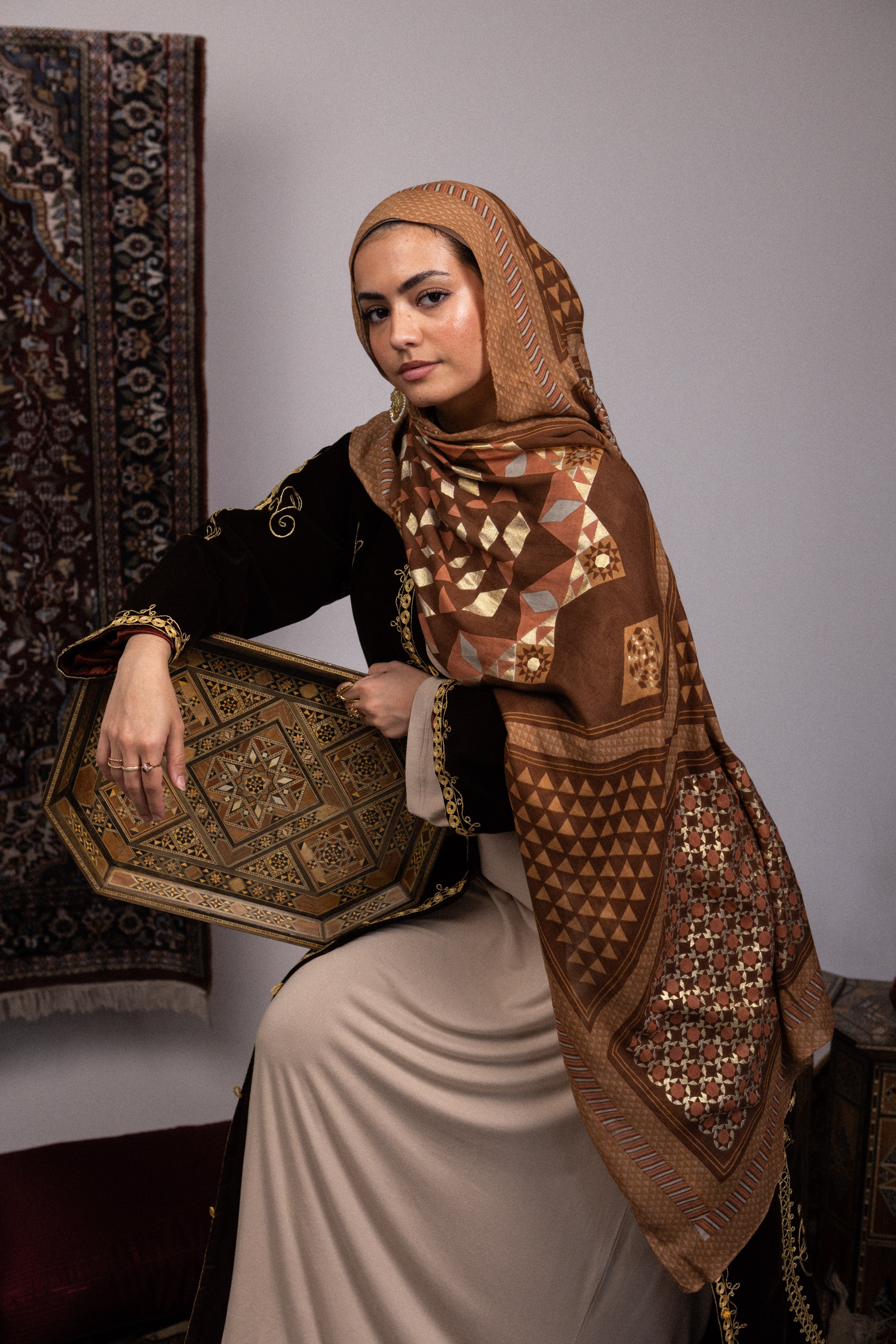小物 vintage brown mesh design muffler sullen Vintage Brown Silk Scarf With Wool Lining, Unisex Double Sided