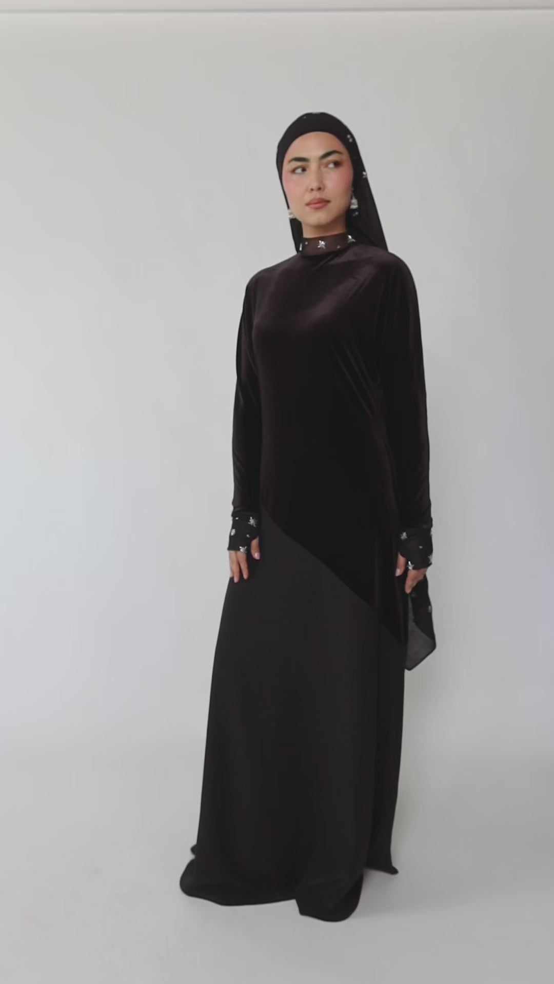 Woman wearing a black abaya and hijab on a gray background